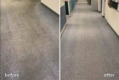 Before and after: Medical corridor — carpet extraction. Corridor carpet in a working clinic, extracted overnight so the space was dry and back in use before the first appointment.