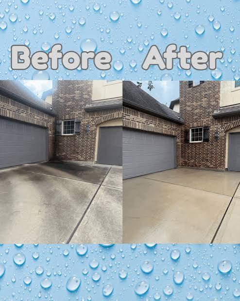 Before and after: Driveway — pressure wash. Concrete driveway with algae and traffic staining, washed back to an even tone. Exterior concrete is usually the first thing a visitor sees and the last thing anyone budgets for.