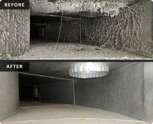 Before and after: Duct interior — supply run. Heavy lint and dust accumulation lining a supply duct. Cleaned back to bare metal — the difference is visible in air quality and in what settles on surfaces between visits.