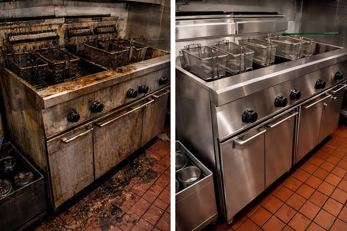 Before and after: Fryer bank — deep degrease. Fryer bank and surrounding quarry tile carrying months of build-up. Equipment degreased inside and out, baskets cleaned, and the floor scrubbed back so the grout line is visible again.