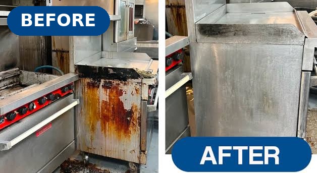 Before and after: Commercial kitchen — range and surrounds. Baked-on carbon and grease down the range front and across the adjacent surfaces, the kind that accumulates when nightly wiping never reaches below the cook line. Degreased back to bare stainless.