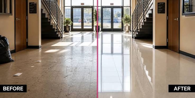 Before and after: Office lobby — floor restoration. Years of traffic had left the entrance tile dull and scuffed, with grout darkened along the main walking line. Stripped, resealed and finished to a wet gloss that holds up to the same traffic.