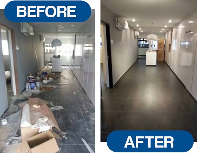Before and after: Retail fit-out — final clean. Handover clean after a fit-out: packaging, paint debris and trade waste cleared, glazing and joinery wiped down, and the tile floor washed and buffed ready to photograph.