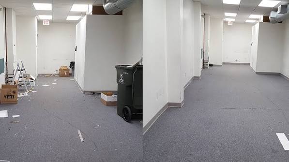 Before and after: Office suite — post-construction. Construction debris, packaging and dust cleared from a newly finished suite, with the carpet vacuumed down and the space left ready for furniture.