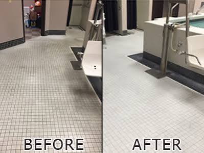 Before and after: Restroom — tile and grout. Grout darkened across a restroom floor. Deep-scrubbed and rinsed — routine mopping spreads soil into grout lines, so this needs periodic work rather than more frequent mopping.