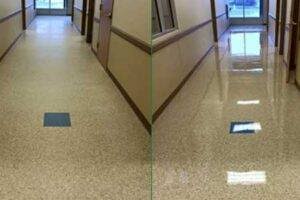 Before and after: Terrazzo corridor — polish. Terrazzo corridor brought back to a reflective finish. Terrazzo rewards maintenance: kept on a schedule it never needs the aggressive restoration a neglected floor does.